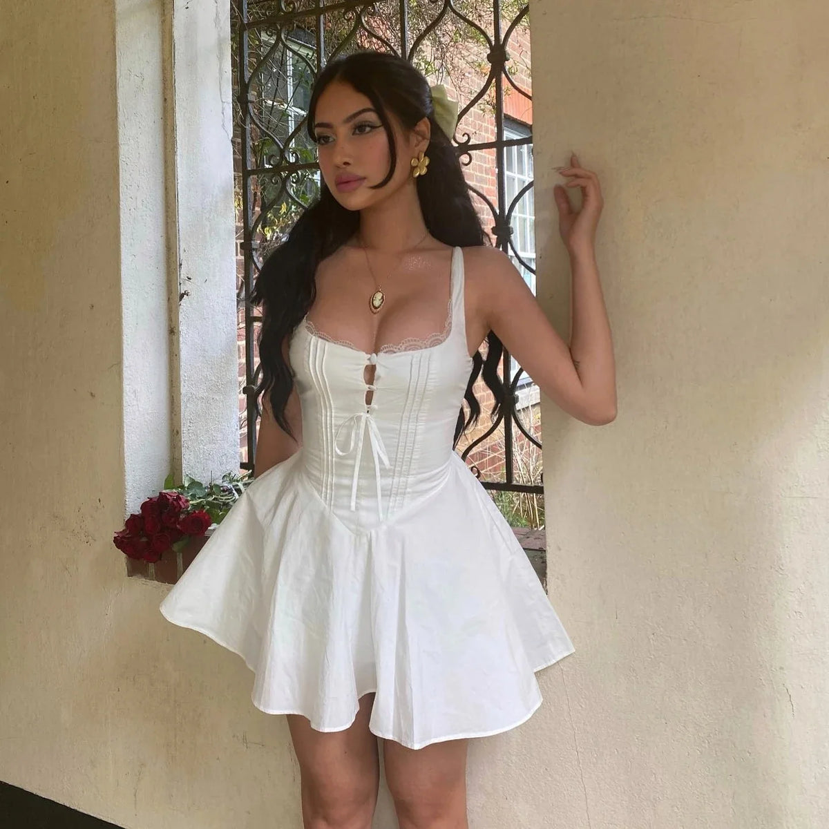 Corset Mini Dress – Sleeveless Square Neck Dress with Lace Trim, Structured Bodice, Defined Waist and Flared A-Line Skirt for Parties