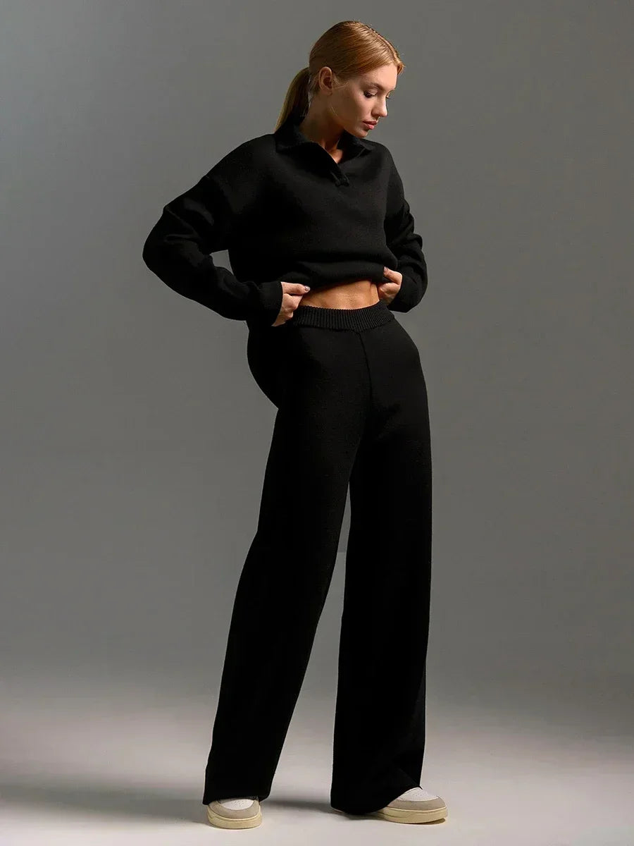 Collared Knit Sweater & Wide Leg Pants Co-Ord Set | Long Sleeve Two Piece Casual Outfit | Chic Fall & Winter Matching Set