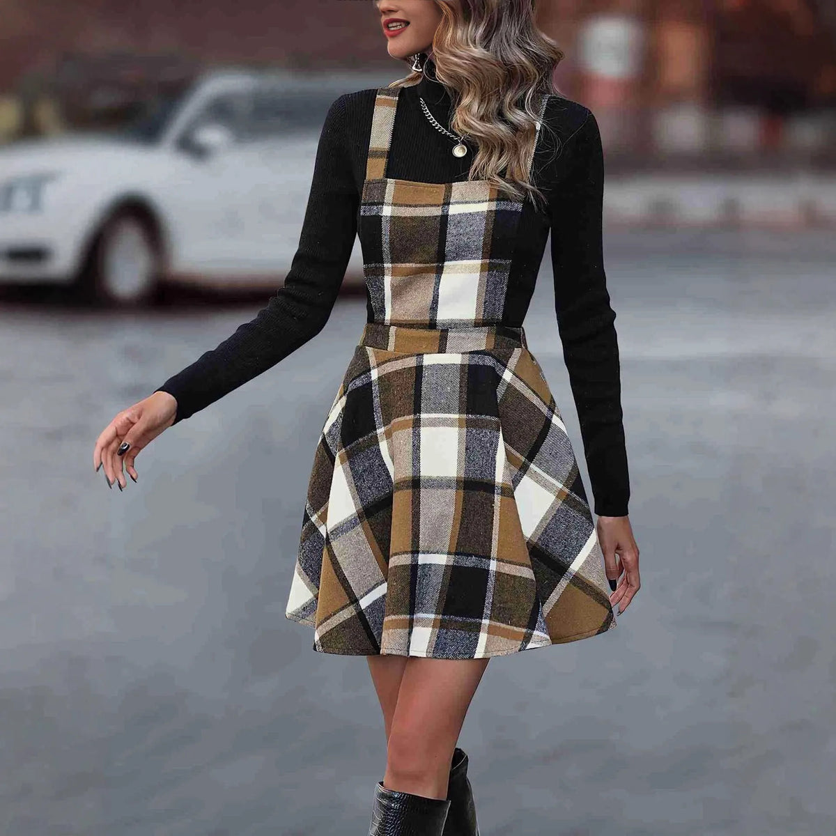 Plaid Pinafore Mini Dress – Checkered Suspender Dress with Flared A-Line Skirt and High Waist for Fall and Winter Layered Outfits