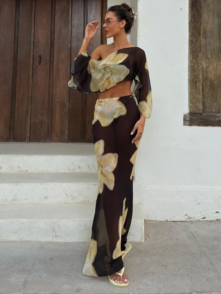 Asymmetric Crop Top & Wide Leg Pants Co-Ord Set | Abstract Floral Print Two Piece Outfit | Chic Vacation & Party Matching Set
