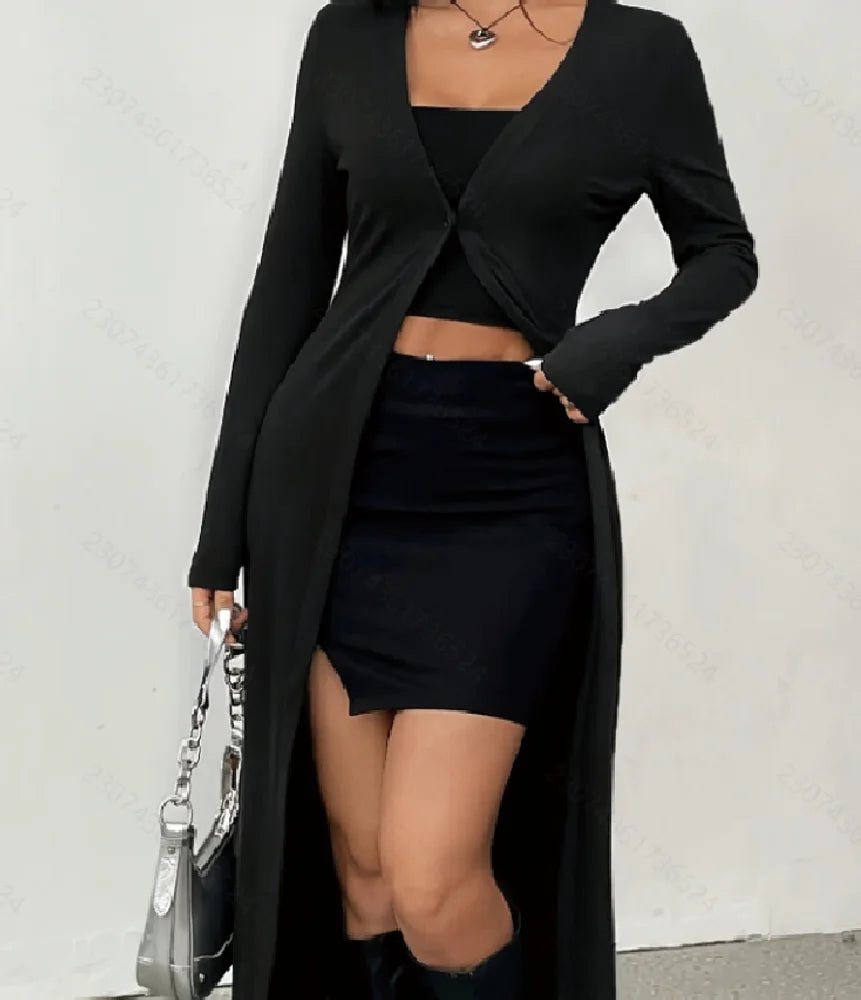 Longline Knit Cardigan, Open Front Maxi Sweater with Fitted Sleeves and Side Slit, Elegant Layering Jacket for Date Nights