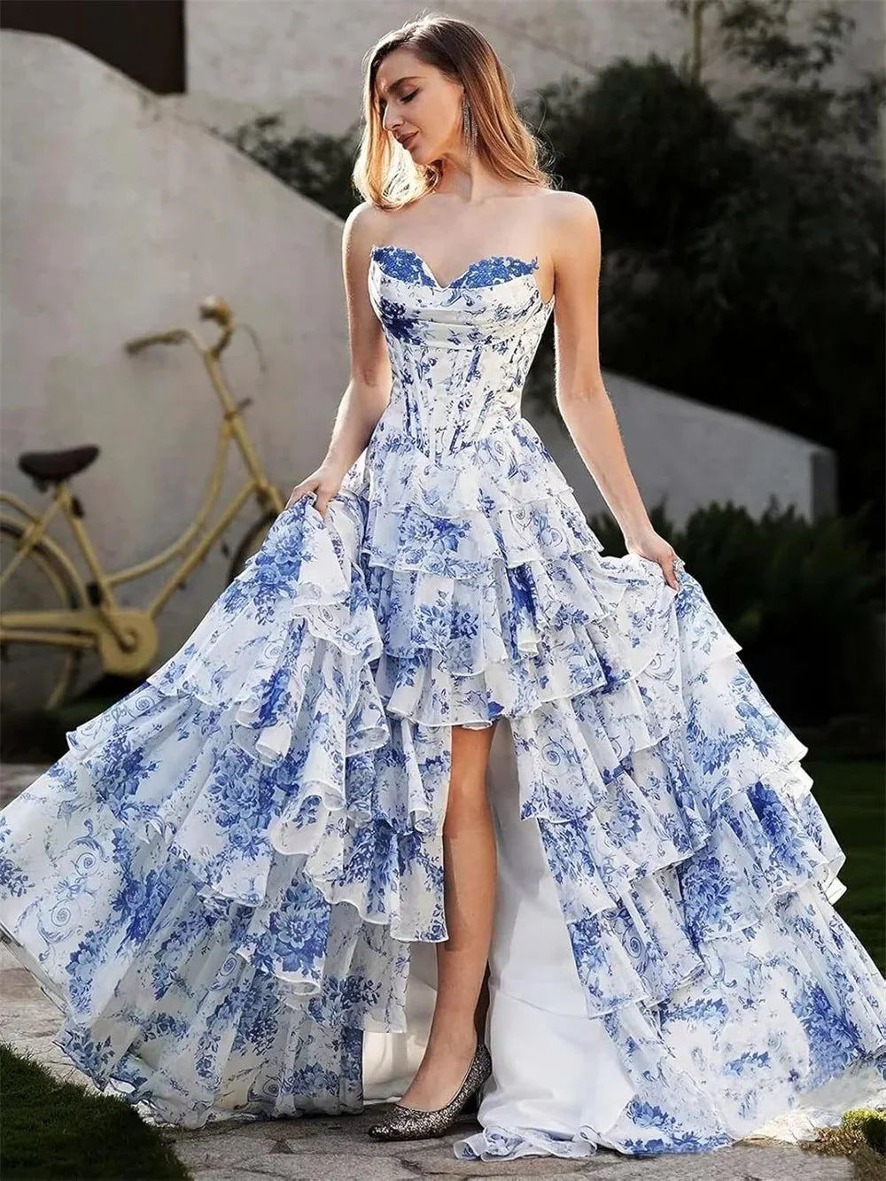Floral Ball Gown Maxi Dress – Strapless Corset-Style Dress with Pleated Full Skirt and Front Slit for Weddings, Proms & Formal Events