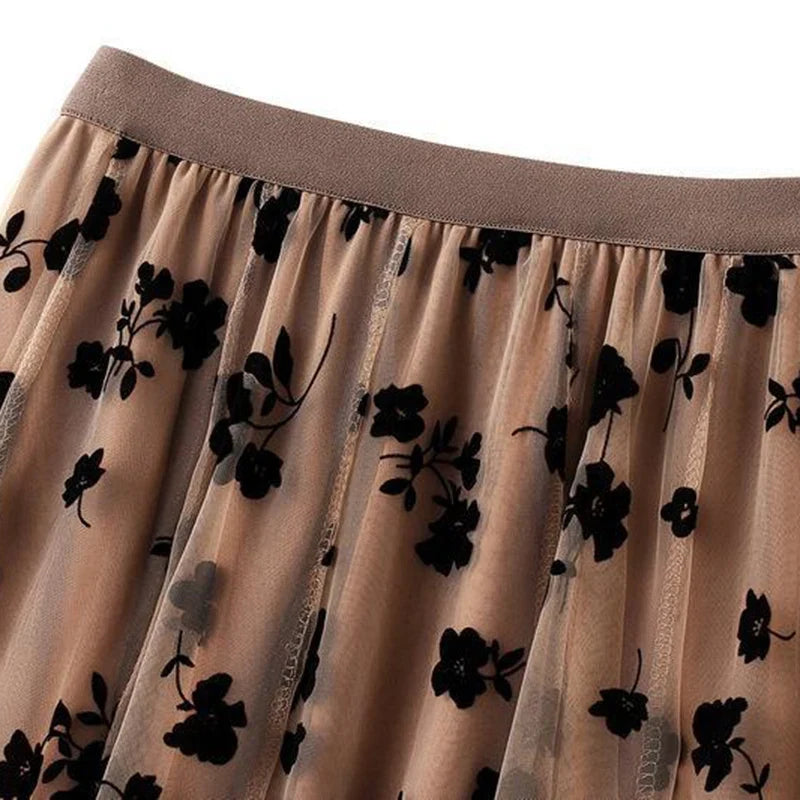 High Waisted Tulle Maxi Skirt Floral Mesh A Line Long Skirt Layered Sheer Party Evening Occasion Feminine Bottomwear