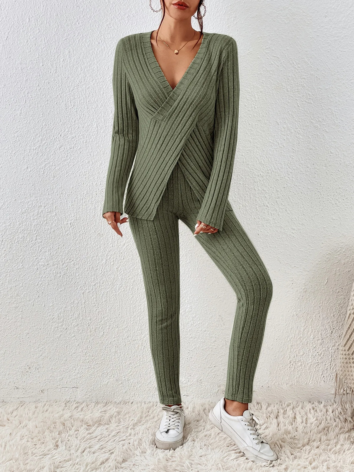 Ribbed Wrap Top & High Waist Pants Co-Ord Set | Long Sleeve Two Piece Knit Lounge Outfit | Chic Casual Fall & Winter Matching Set