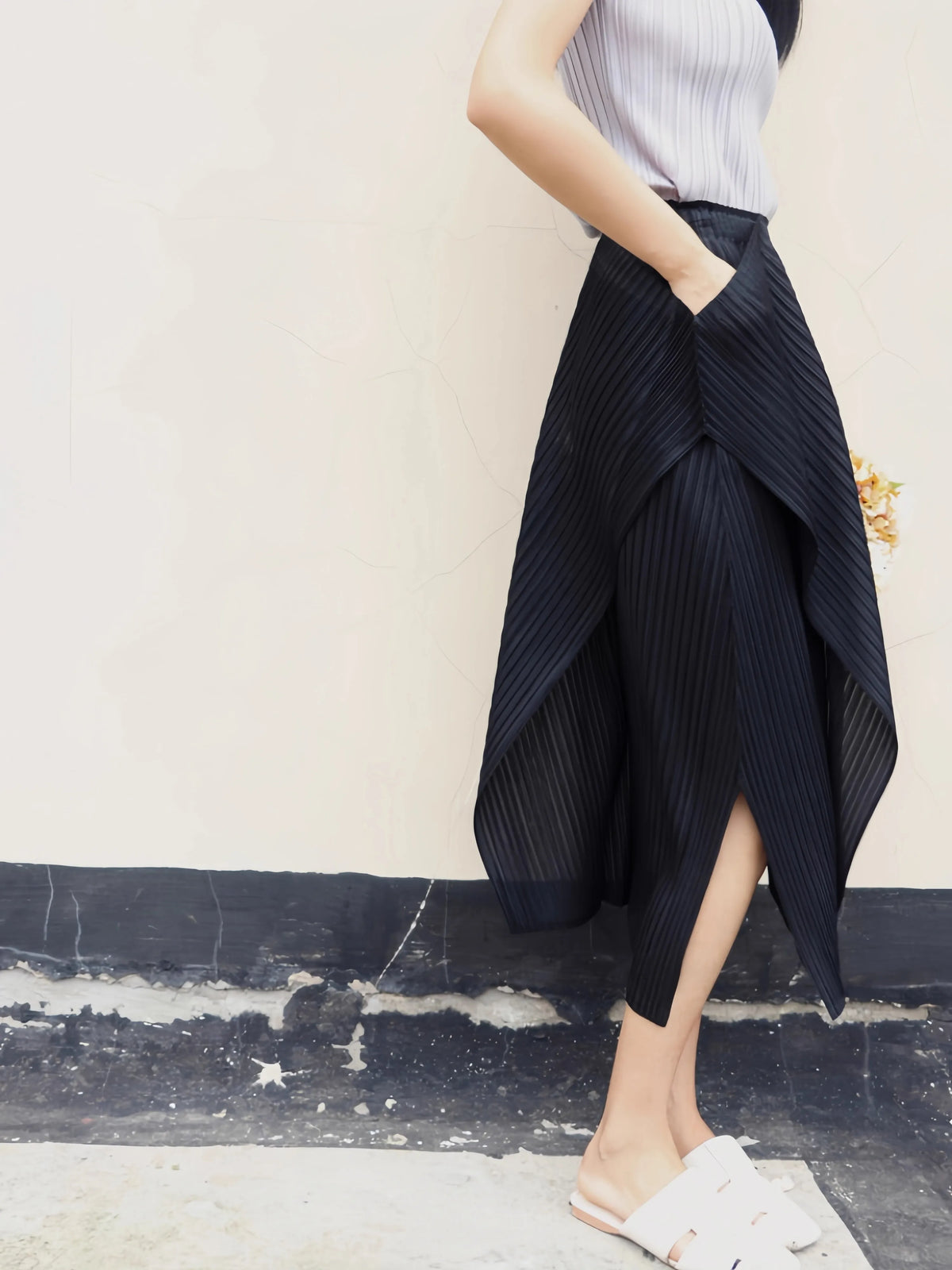 High Waisted Asymmetrical Midi Skirt Draped Wrap Skirt Side Slit Pleated Long Skirt Elegant Casual Streetwear Bottomwear