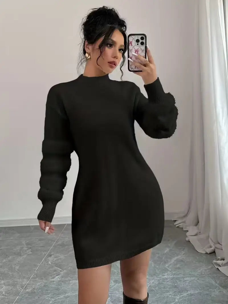Turtleneck Mini Dress – Long Sleeve Sweater Dress with Relaxed A-Line Silhouette, Soft Knit Fabric and Minimalist Fall Style