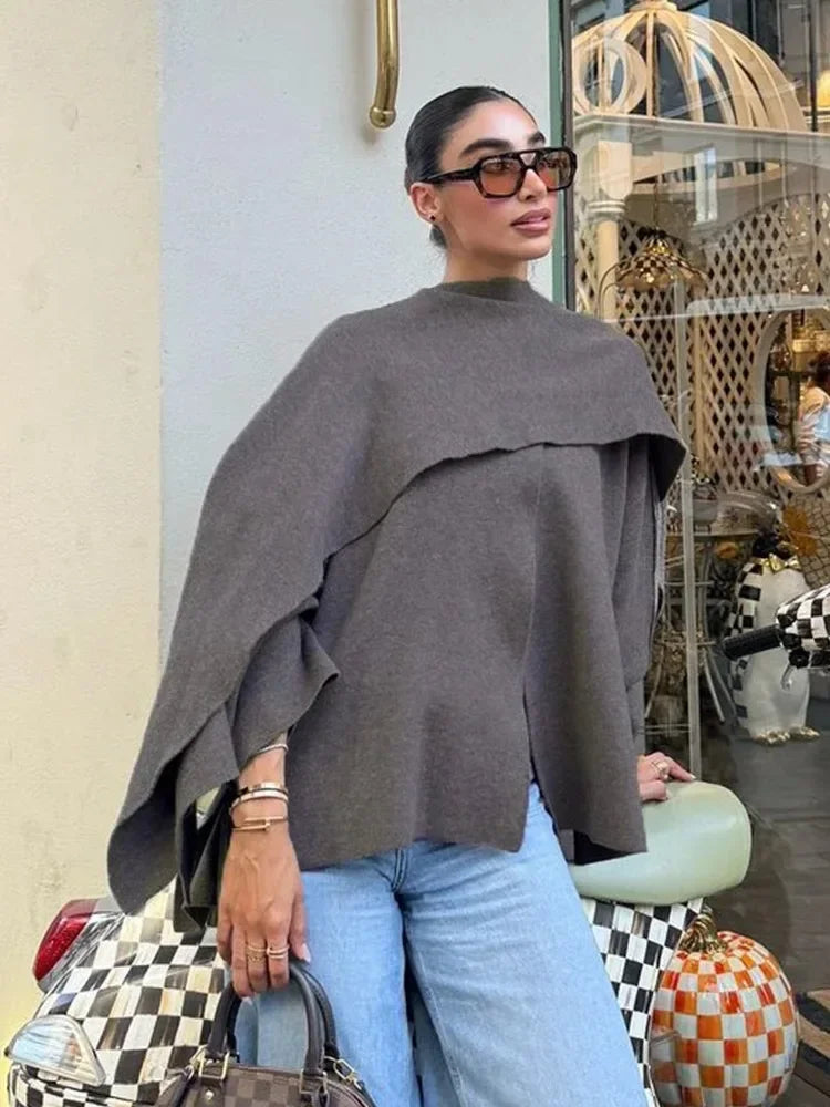 Oversized Poncho Cape Coat, High Neck Draped Sweater Jacket with Wide Sleeves, Cozy Fall Winter Outerwear