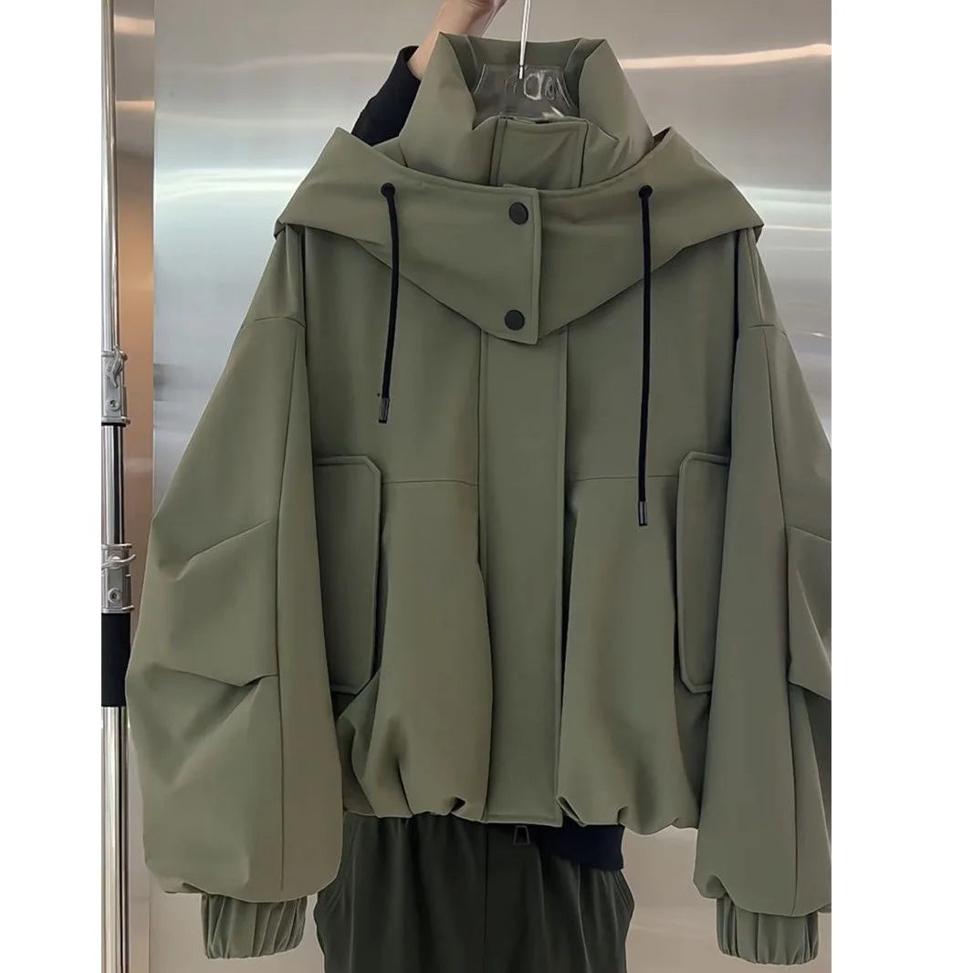 Hooded Utility Jacket, Oversized Drawstring Windbreaker with Multi-Pocket Design and Elastic Cuffs, Casual Outdoor Outerwear