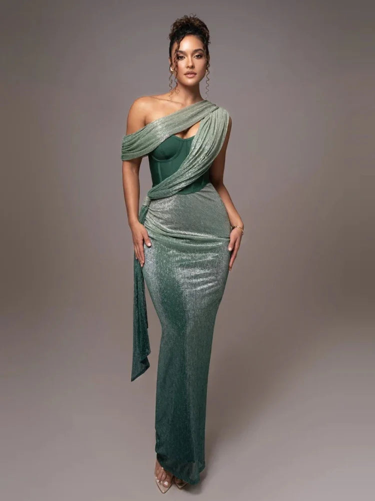 Ruched Metallic Maxi Dress – Asymmetrical One Shoulder Evening Gown with Draped Cutout Bodice, Fitted Silhouette and Floor-Length Skirt