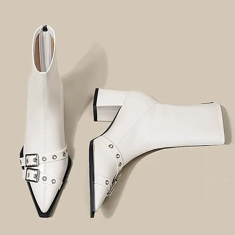 Pointed Toe Ankle Boots | Buckle Strap Block Heel Booties | Modern Zip-Up Fashion Boots