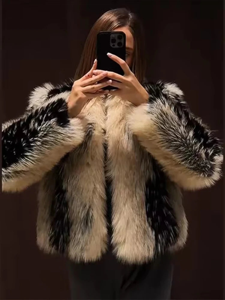 Faux Fur Cropped Jacket, Plush Textured Coat with Oversized Sleeves and Relaxed Fit, Glamorous Winter Statement Outerwear