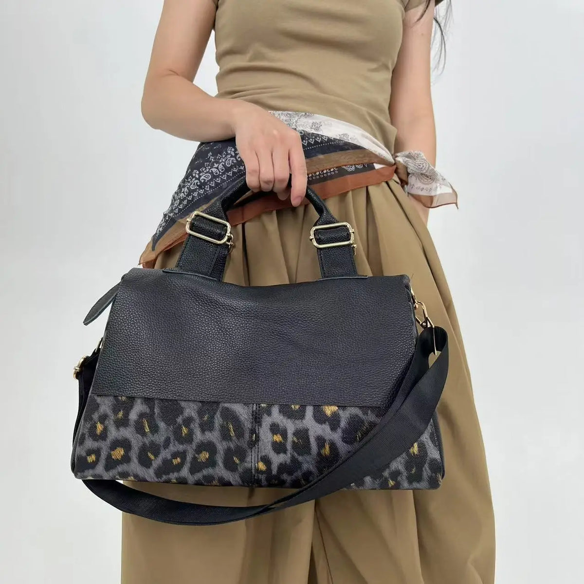 Structured Satchel Handbag, Leopard Print Accent Tote Purse, Elegant Top Handle Shoulder Bag with Adjustable Strap for Work & Everyday Use