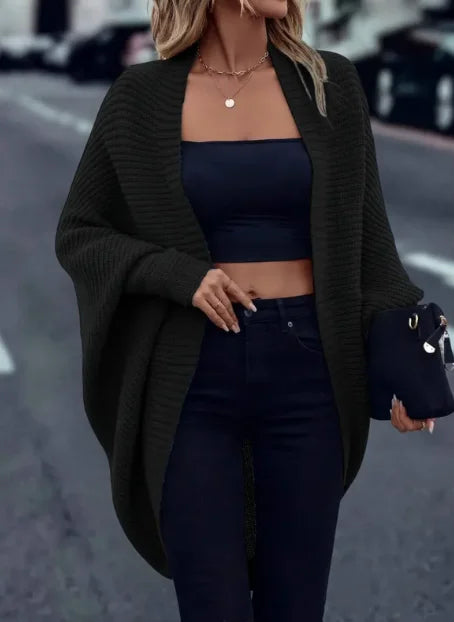 Oversized Ribbed Cardigan, Open Front Longline Sweater with Batwing Sleeves and Relaxed Fit, Cozy Casual Layering Knitwear