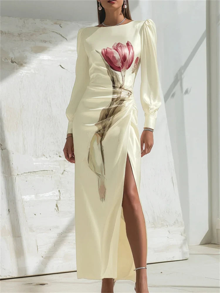 Floral Ruched Midi Dress – Long Sleeve Bodycon Dress with Draped Waist, Side Slit and Elegant Botanical Print for Date Nights & Events