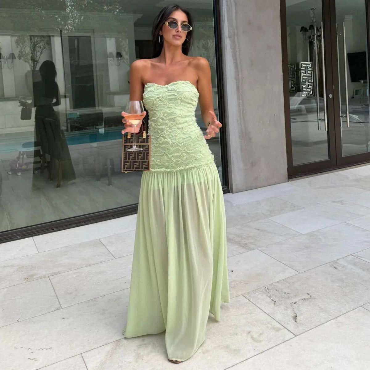 Ruched Strapless Maxi Dress – Strapless Fitted Bodice Dress with Textured Bust, Defined Waist and Flowing Floor-Length Skirt
