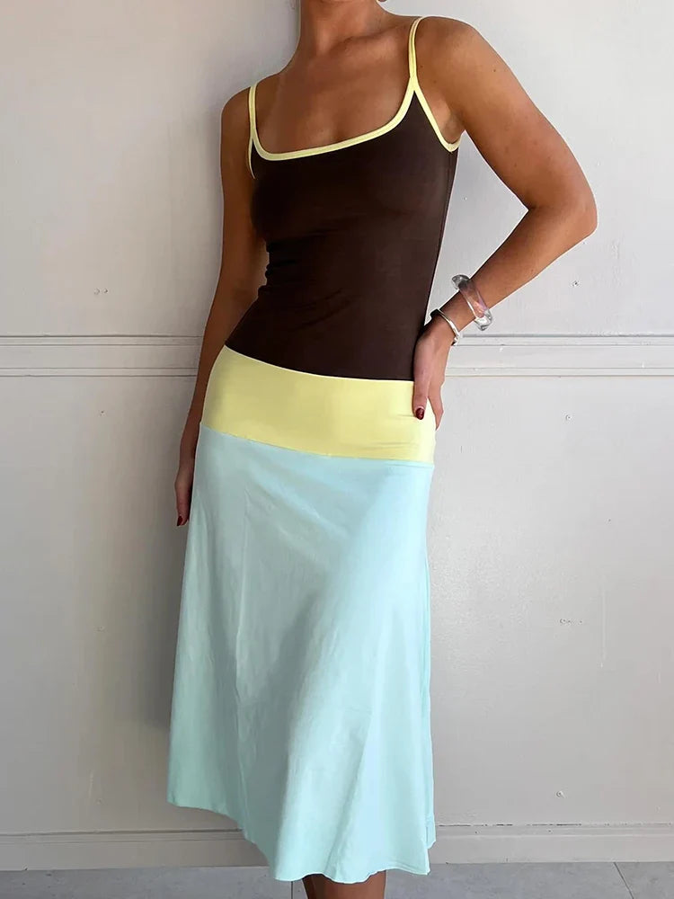 Satin Midi Dress – Sleeveless Square Neck Dress with Fitted Bodice, Adjustable Straps and Flowing A-Line Skirt for Vacations & Summer Events