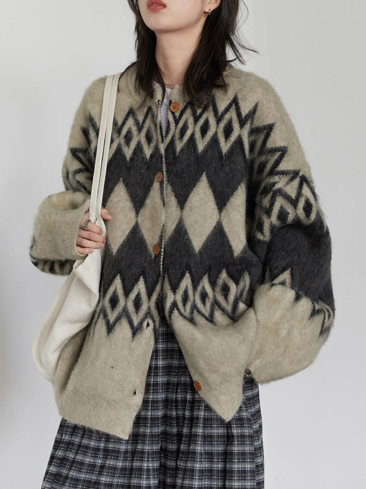Argyle Knit Cardigan, Oversized Button-Up Sweater Jacket with Geometric Pattern and Balloon Sleeves, Cozy Fall Winter Outerwear