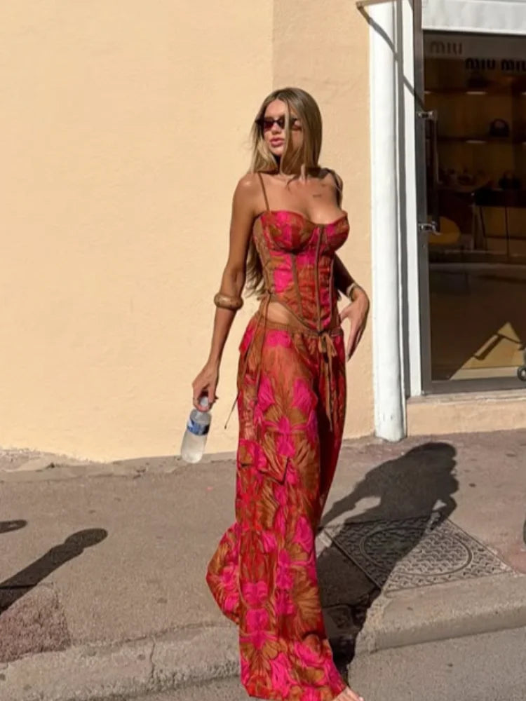 Strapless Corset Crop Top & Flared Maxi Skirt Co-Ord Set | Floral Two Piece Outfit with Lace-Up Detail | Chic Vacation &amp; Party Wear