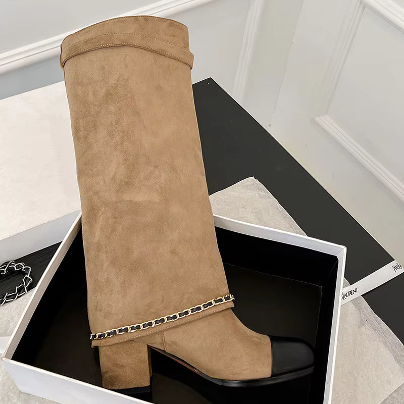 Knee High Suede Boots | Buckle Strap Block Heel Boots | Chain Detail Tall Fashion Booties