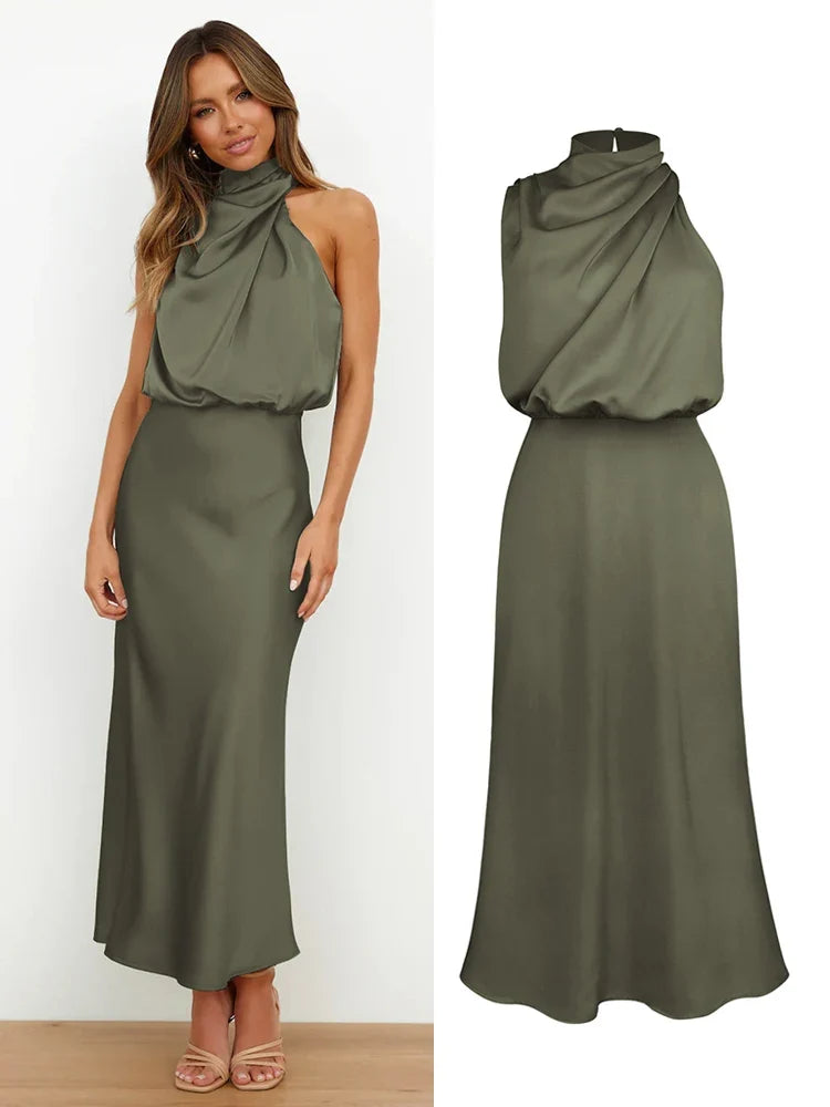 Cowl Neck Maxi Dress – Draped Halter Evening Gown with Open Back and Flowing Floor-Length Silhouette for Weddings & Formal Events