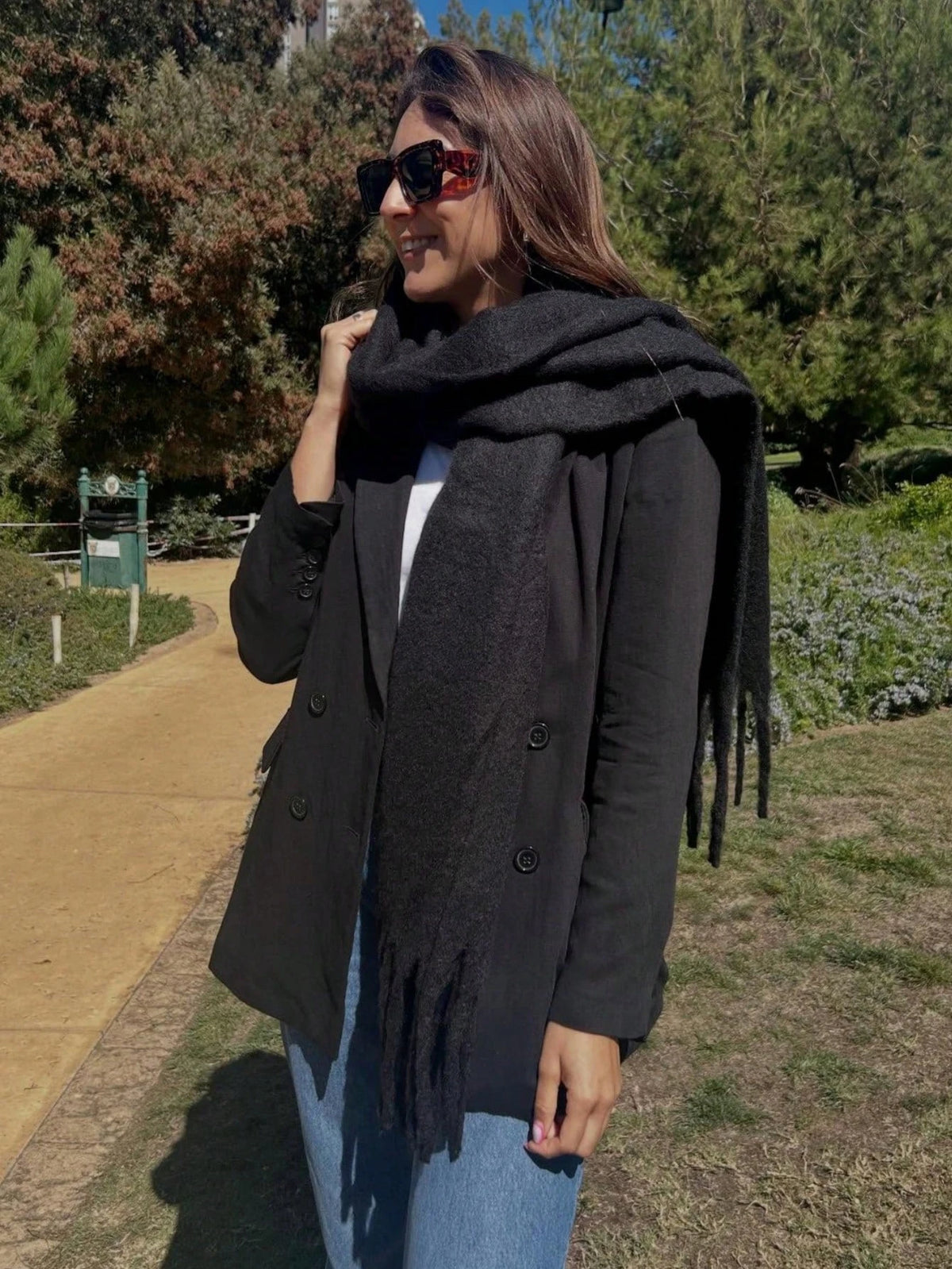 Women's Solid Color Winter Scarf, Thick Knit Look Wrap with Fringed Ends, Cozy Oversized Neck Scarf for Women