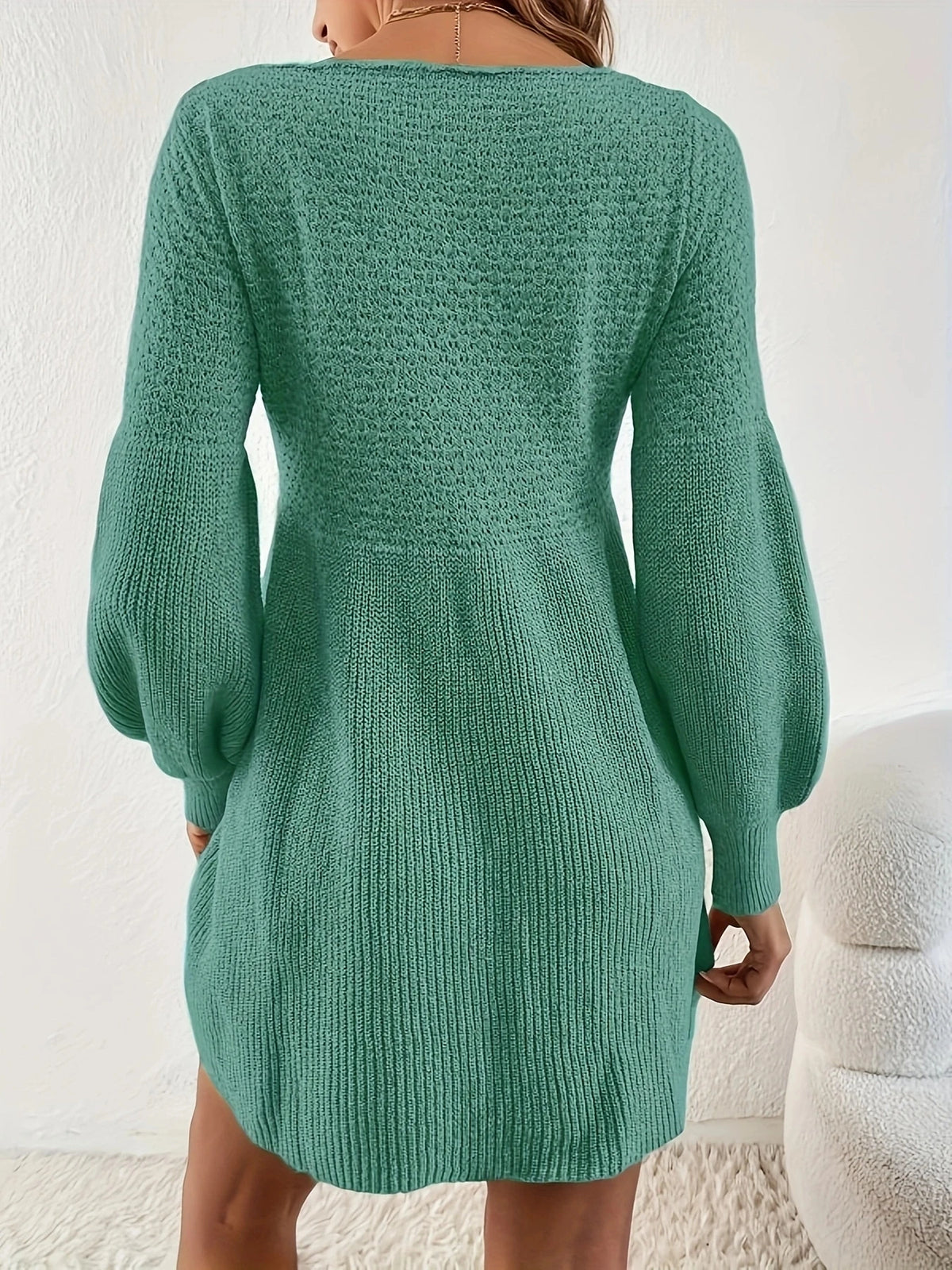 Knit Sweater Mini Dress – Long Sleeve Round Neck Dress with Balloon Sleeves, Ribbed Cuffs, Flared Hem and Cozy Fall Style