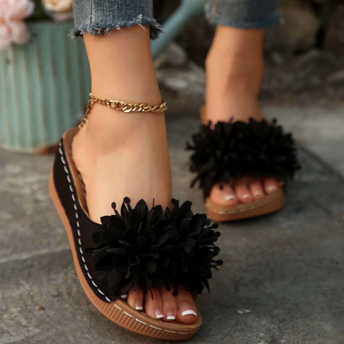 Floral Platform Sandals | Flower Embellished Wedge Slides | Open Toe Summer Vacation Shoes