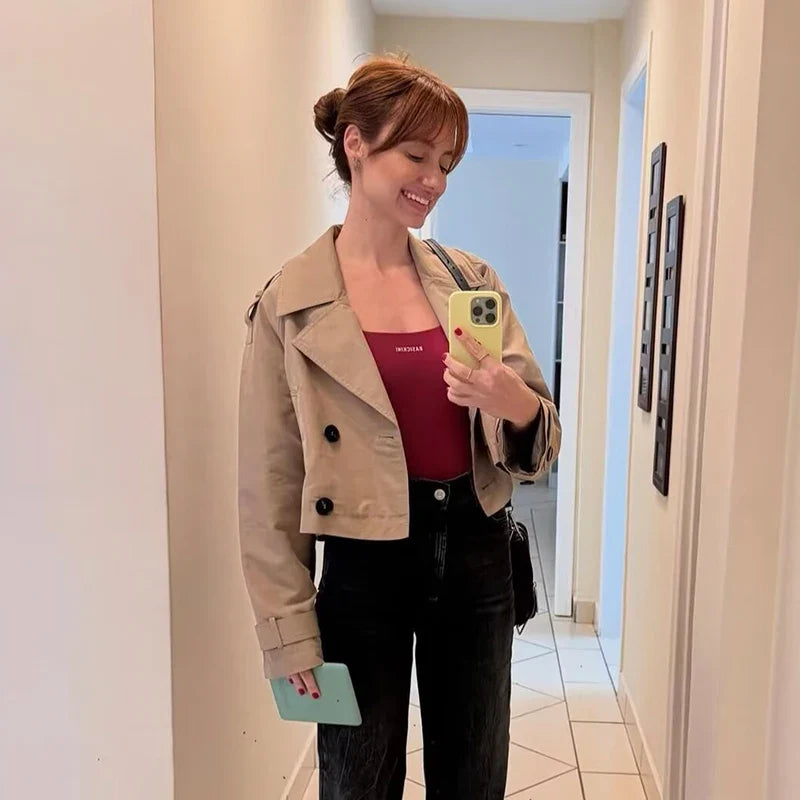 Women's Cropped Double-Breasted Jacket, Chic Tailored Lapel Blazer Coat, Classic Casual Spring Fall Outerwear
