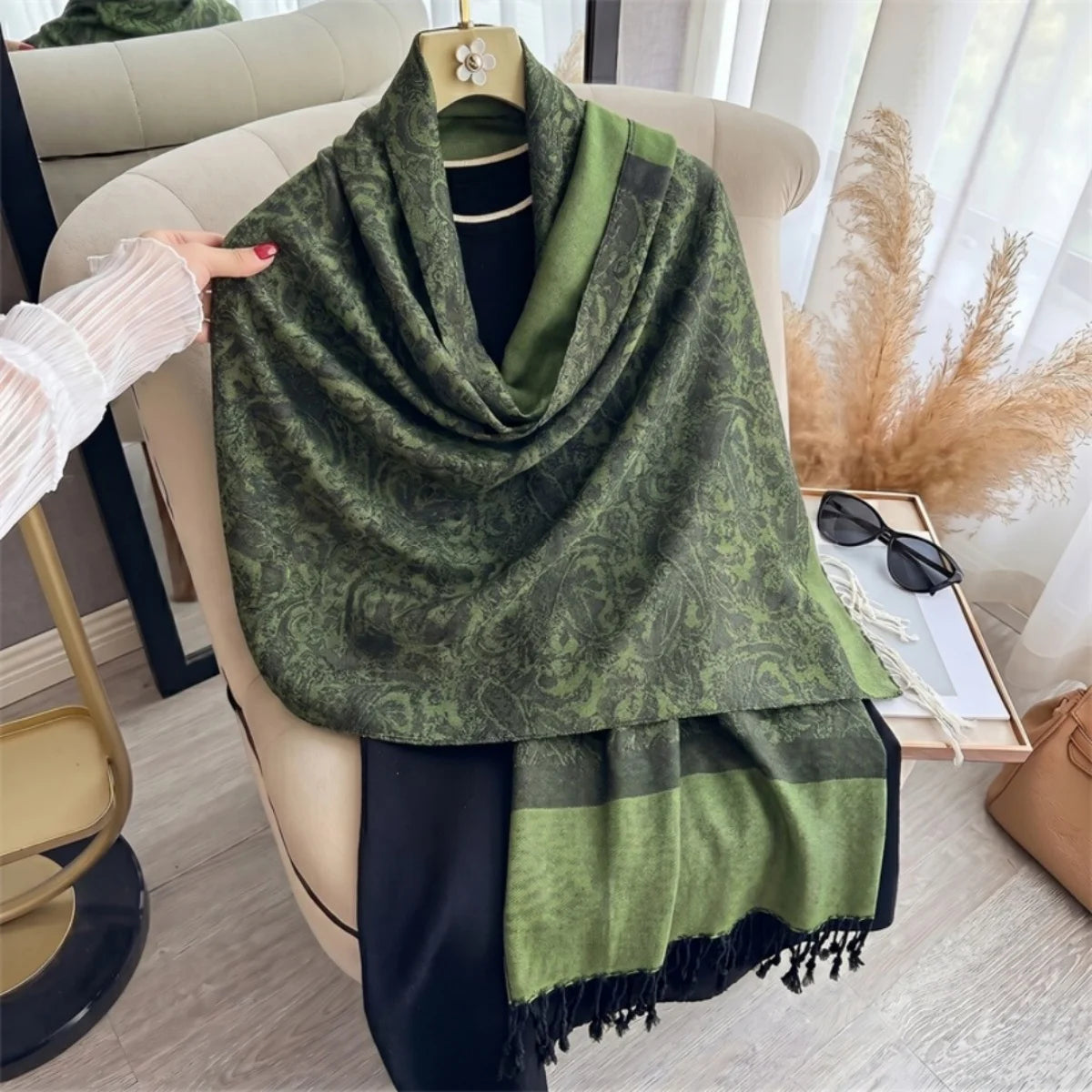 Women's Paisley Print Shawl Wrap, Ornamental Pattern Scarf with Fringed Ends, Long Shoulder Wrap for Women