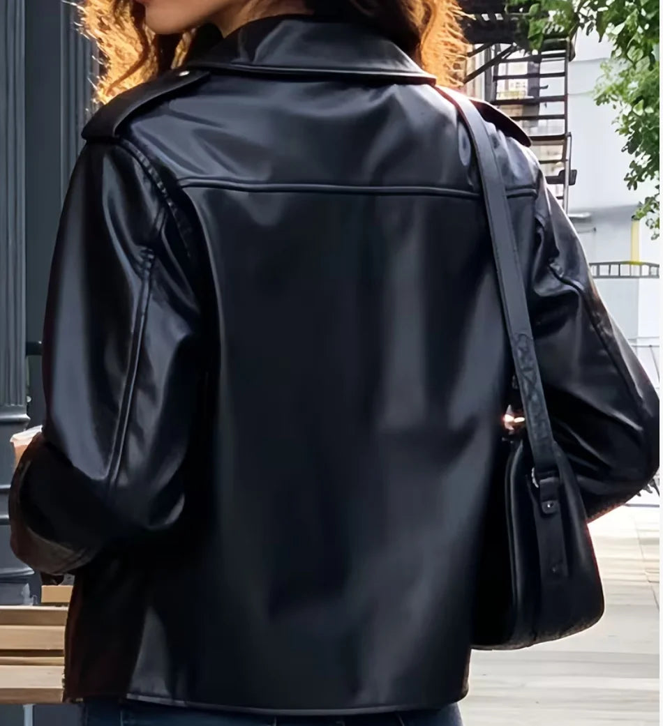 Faux Leather Moto Jacket, Cropped Biker Jacket with Asymmetrical Zip and Silver Hardware, Classic Edgy Streetwear Outerwear