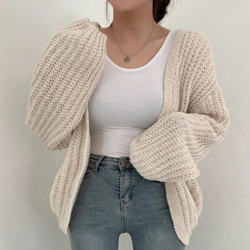 Chunky Knit Cardigan, Oversized Open Front Sweater with Balloon Sleeves and Ribbed Texture, Cozy Casual Fall Winter Layer