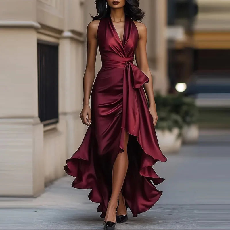 Draped Halter Midi Dress – Elegant Ruched Waist Wrap Dress with Asymmetrical Ruffle Hem for Weddings, Cocktail Parties & Evening Events