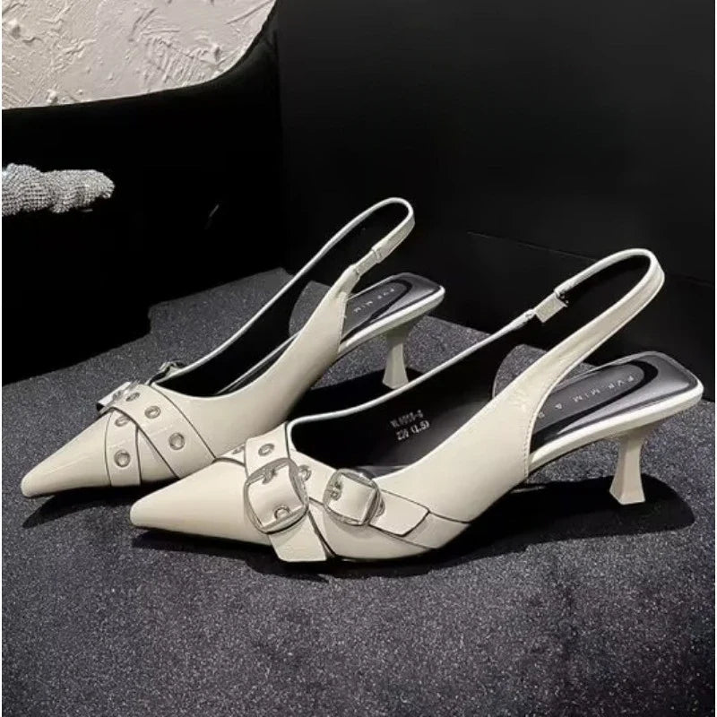 Women's Pointed Toe Slingback Kitten Heels – Elegant Buckle Detail Low Heel Pumps for Office, Party, Wedding & Formal Wear
