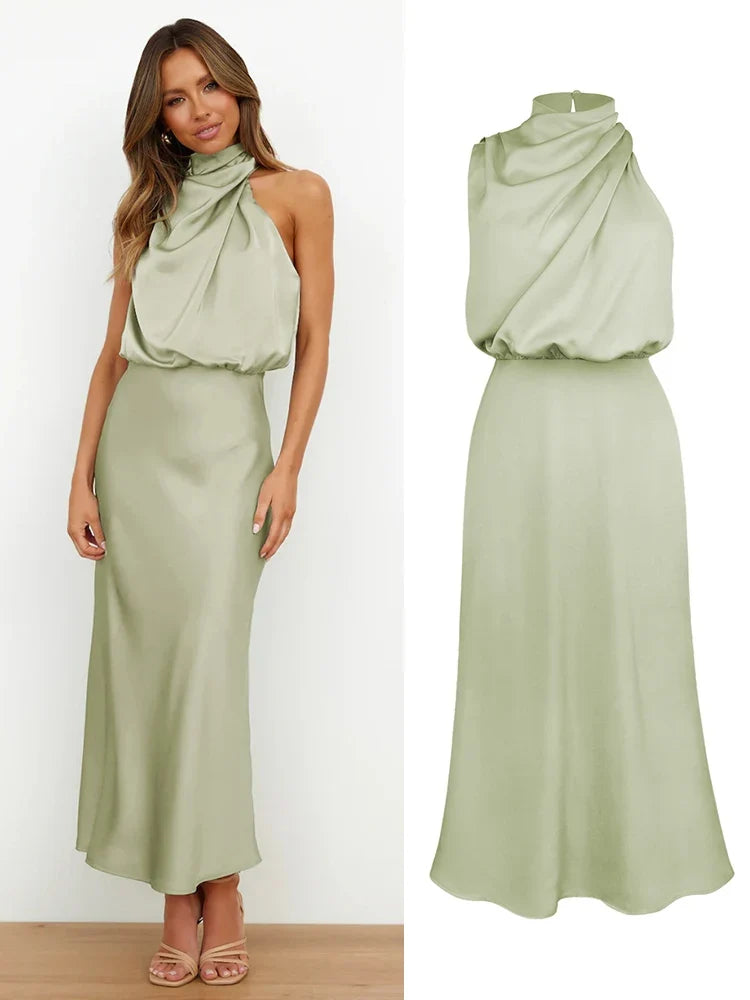 Cowl Neck Maxi Dress – Draped Halter Evening Gown with Open Back and Flowing Floor-Length Silhouette for Weddings & Formal Events
