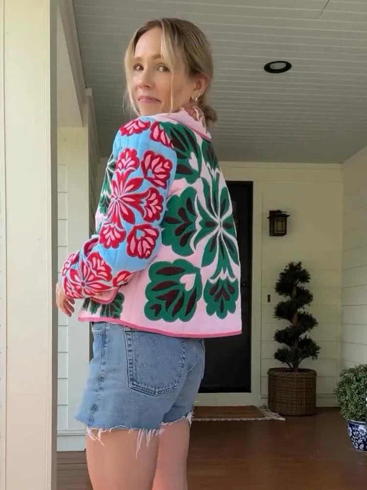 Embroidered Floral Quilted Jacket with Contrast Piping, Button-Up Cropped Jacket with Patch Pockets, Chic Casual Outerwear