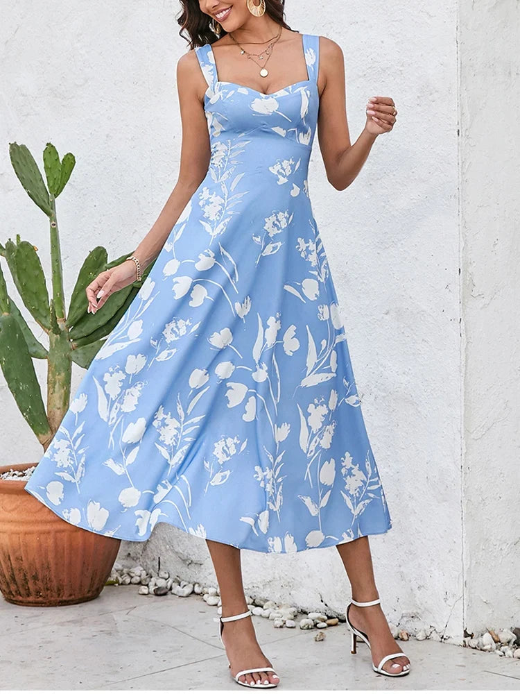 Floral Midi Dress – Spaghetti Strap A-Line Dress with Square Neck, Fitted Bodice and Flared Skirt for Brunch, Vacations & Summer Events
