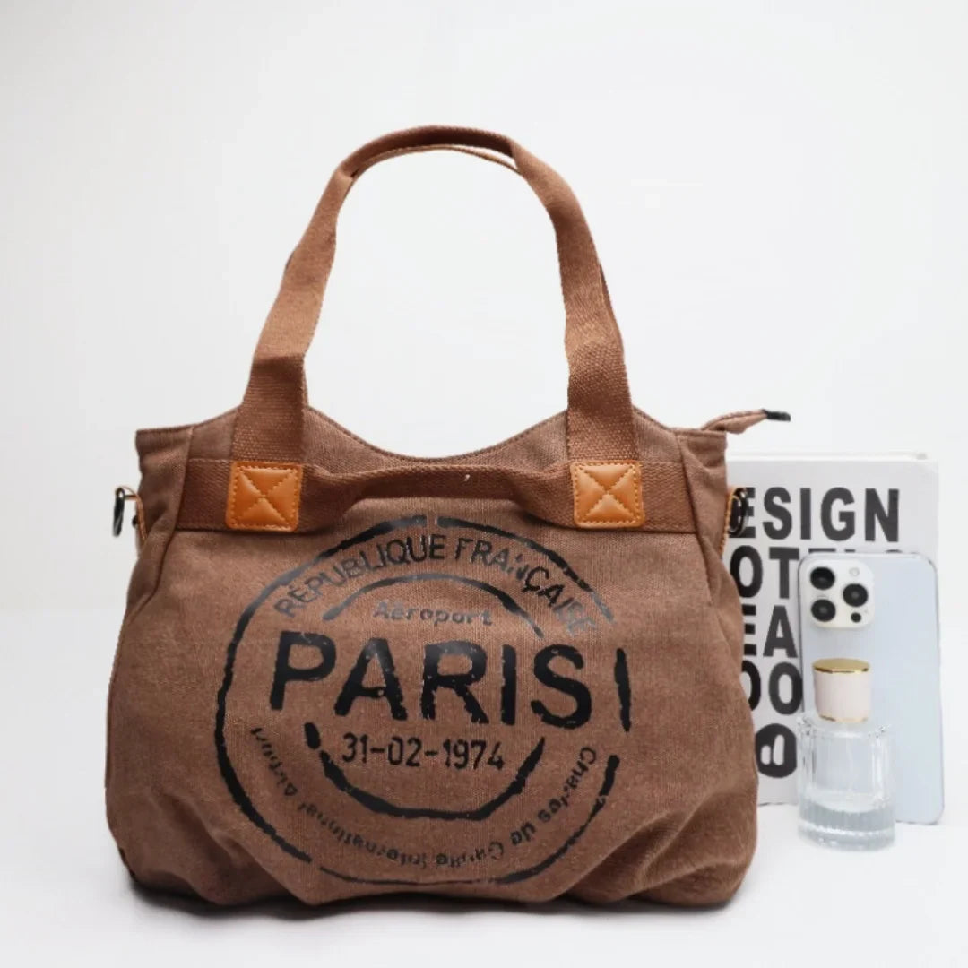 Vintage Canvas Tote Bag, Paris Print Shoulder Handbag, Rustic Travel Carryall Purse with Top Handles for Shopping, Vacation & Everyday Use