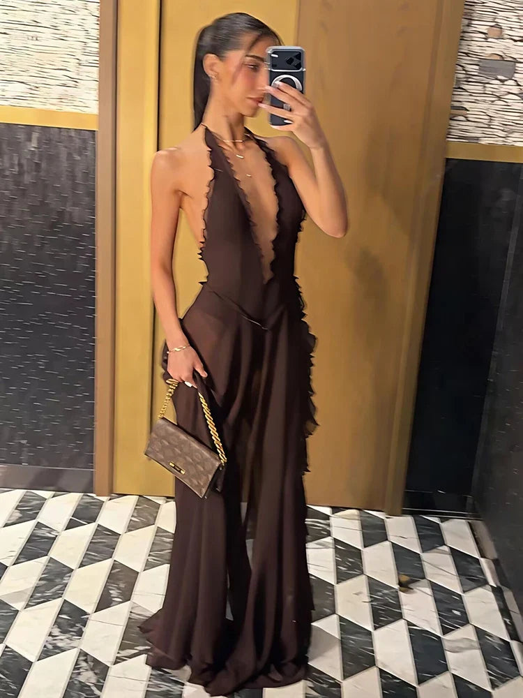 Plunge Neck Maxi Dress – Sleeveless Backless Dress with Draped Bodice, Deep V-Neckline and High Side Slit for Vacations & Evening Events