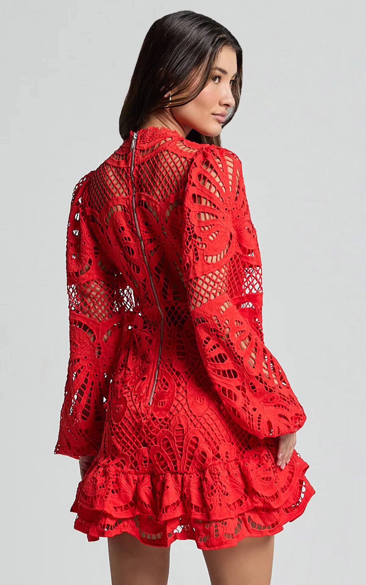 Lace Mini Dress – Long Sleeve Crochet Dress with High Neckline, Intricate Cutout Embroidery, Fitted Waist and Ruffle Hem