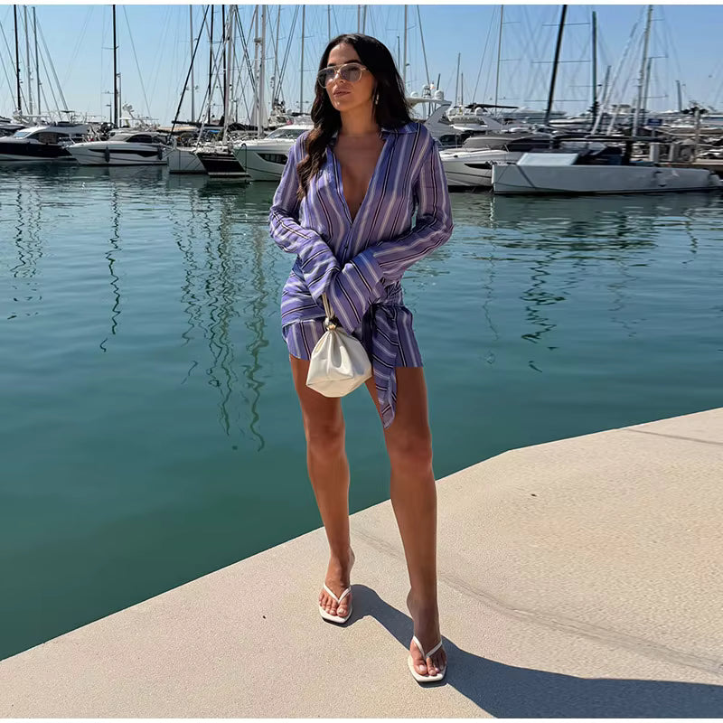 Striped Shirt Mini Dress – Sheer Chiffon Button Down Dress with Turn-Down Collar, Long Sleeves, Waist Tie and Detachable Scarf