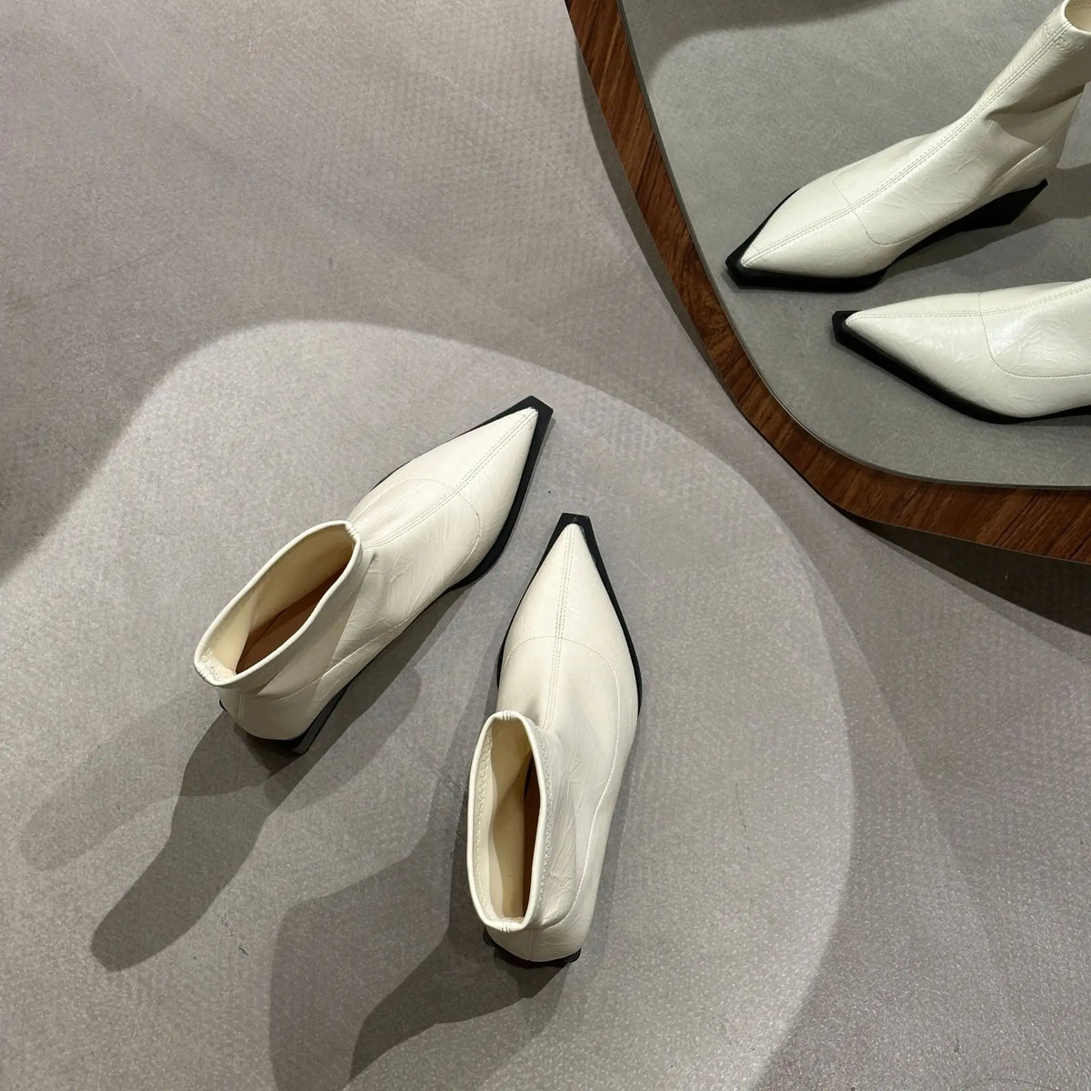 Metallic Pointed Toe Ankle Boots | Low Block Heel Booties | Modern Statement Fashion Boots