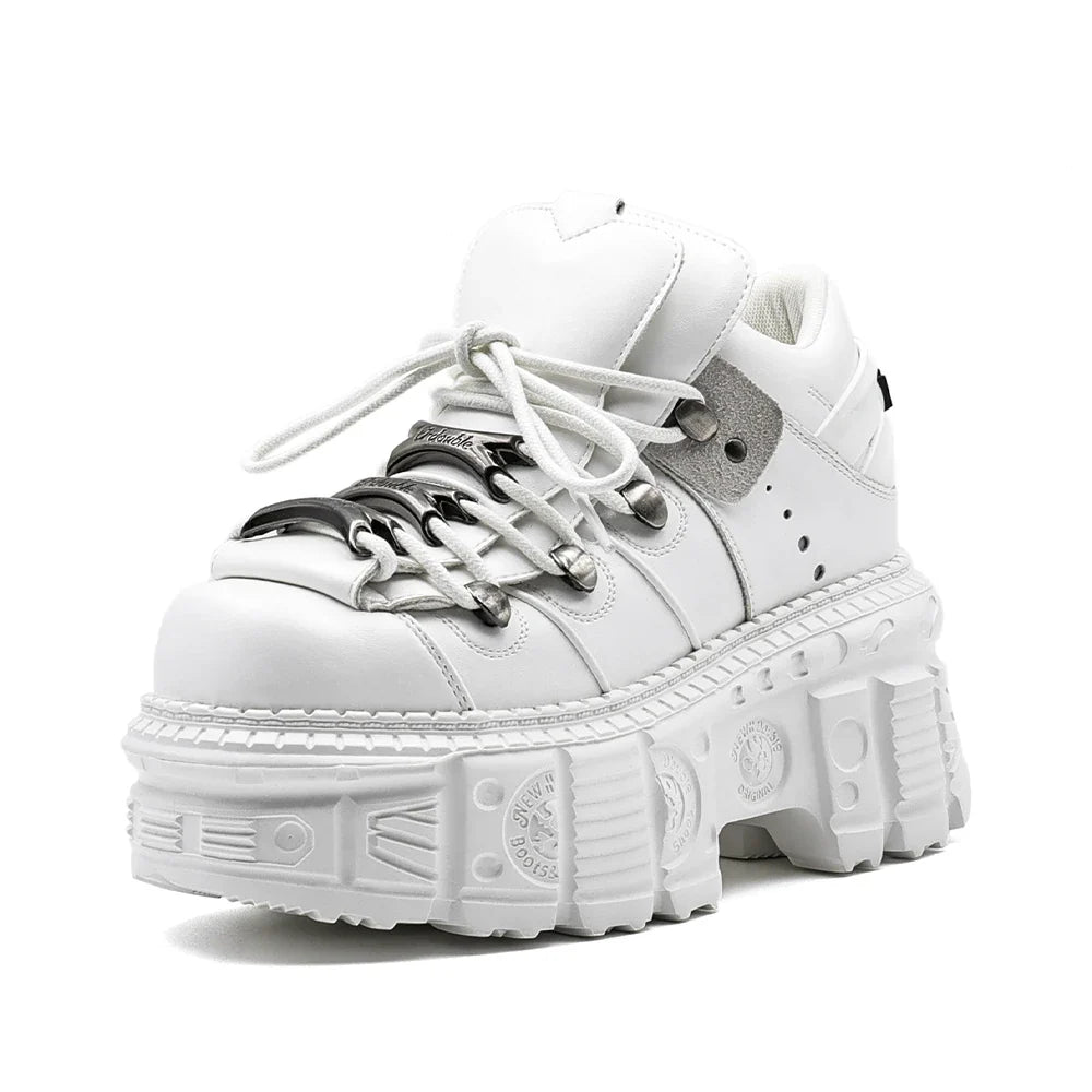 Women's White Platform Sneakers – Chunky Lace-Up Casual Walking Shoes, Goth Streetwear Platform Trainers for Everyday Fashion