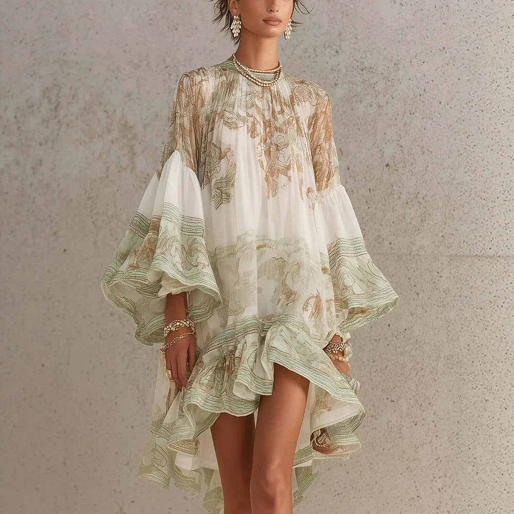 Boho Printed Mini Dress – High Neck Long Sleeve Dress with Flared Bell Sleeves, Relaxed Silhouette and Artistic Pattern for Vacations & Events