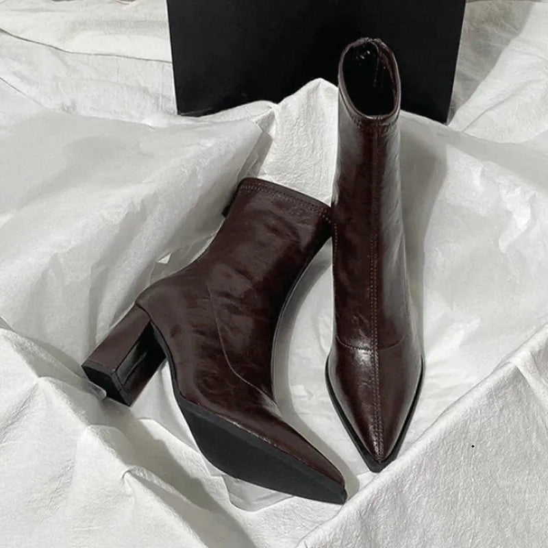 Pointed Toe Ankle Boots | Chunky Block Heel Booties | Vintage-Inspired Leather-Look Dress Boots