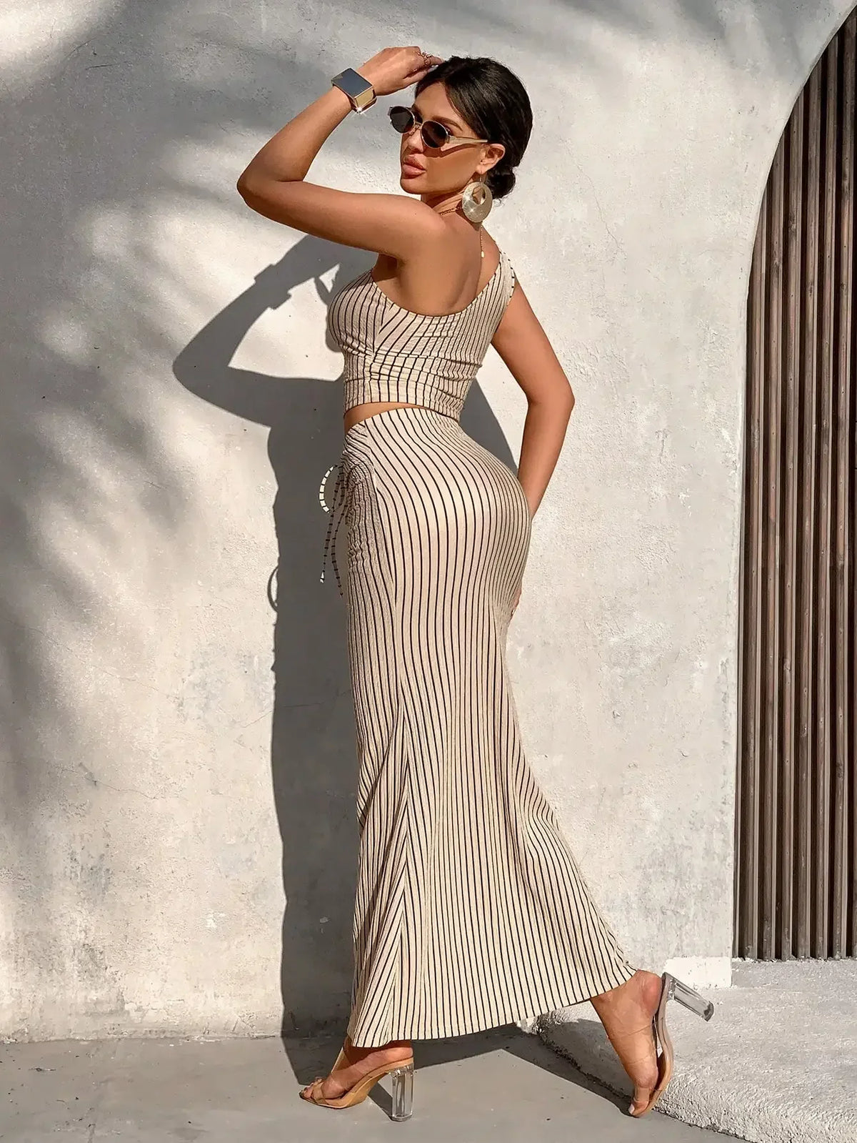 One Shoulder Crop Top & Ruched Maxi Skirt Co-Ord Set | Striped Two Piece Bodycon Outfit | Chic Summer Vacation Matching Set