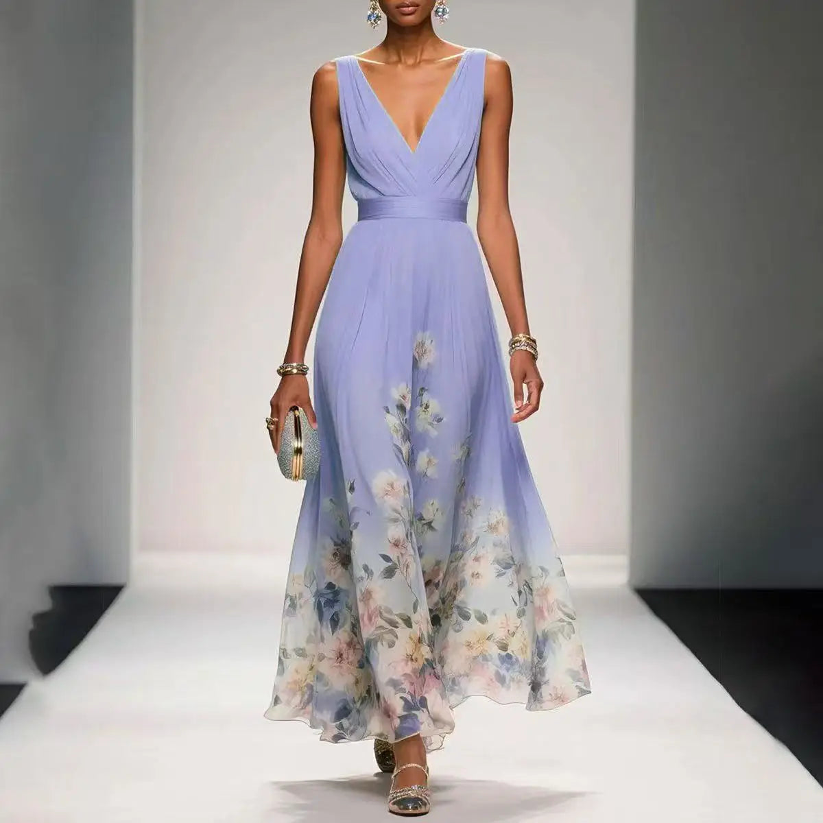Floral Maxi Dress – Sleeveless V-Neck A-Line Dress with Fitted Waist and Flowing Skirt for Weddings, Garden Parties & Vacations