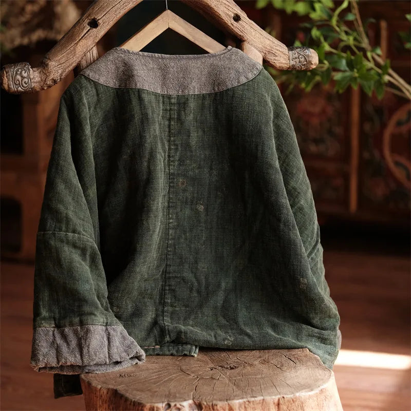 Boho Linen Jacket, Relaxed Button Front Jacket with Contrast Pockets and Vintage-Inspired Details, Casual Rustic Outerwear