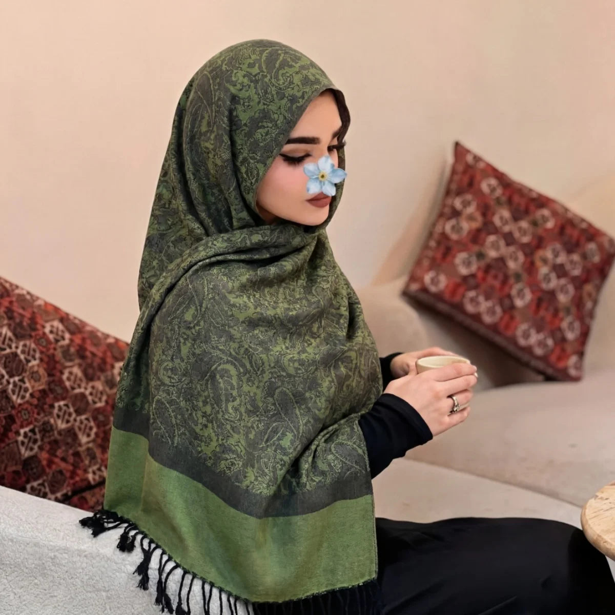Women's Paisley Print Shawl Wrap, Ornamental Pattern Scarf with Fringed Ends, Long Shoulder Wrap for Women