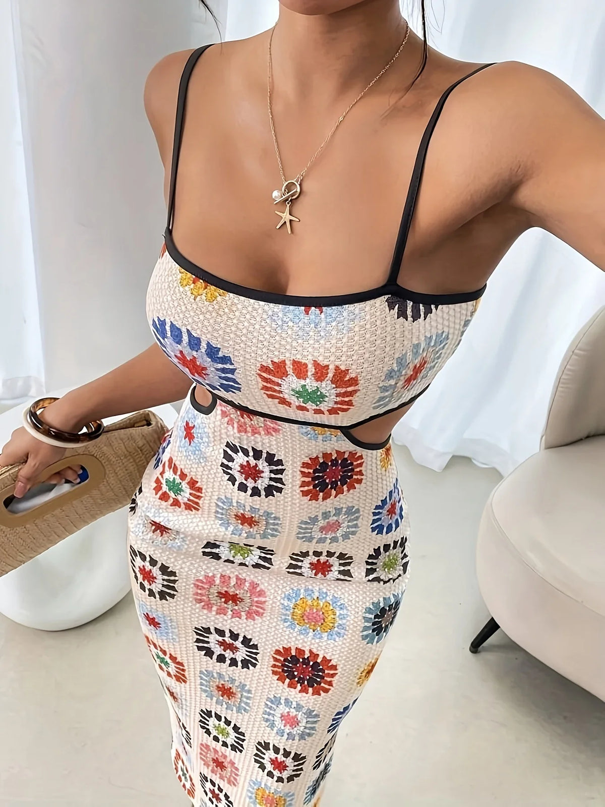 Boho Printed Midi Dress – Spaghetti Strap Square Neck Dress with Geometric Pattern and Straight Silhouette for Vacations, Brunch & Summer Outings