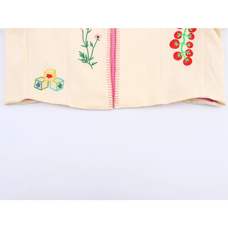 Embroidered Cropped Jacket with Colorful Motifs, Collarless Button-Up Jacket with Contrast Trim, Chic Casual Outerwear